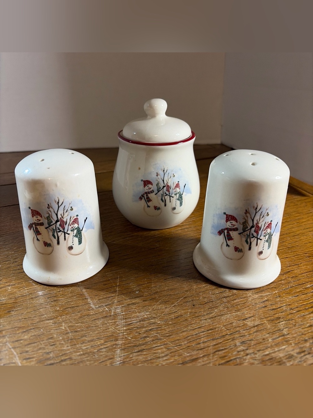 Royal Seasons Stoneware Sugar Bowl with Lid And Salt /Pepper Snowman